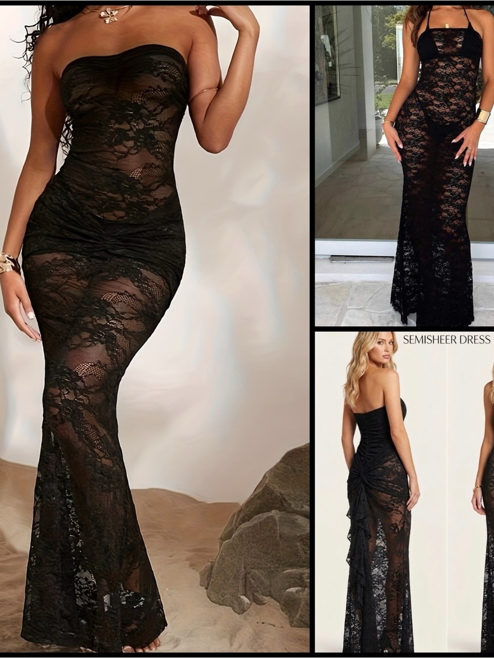 Black Lace Semisheer Sexy Coquette Back Draped Bow Strapless Goth Maxi Dress M